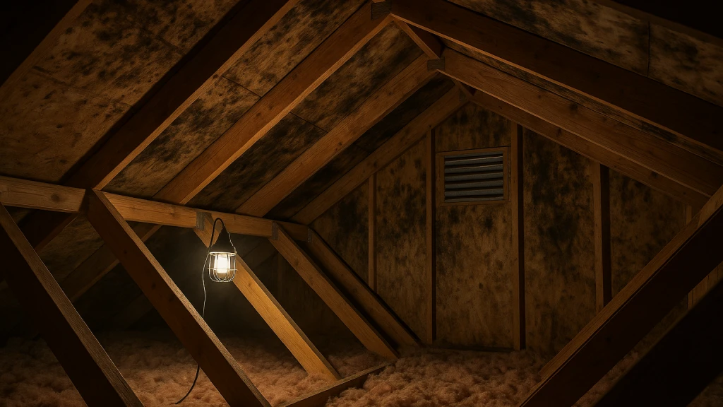 A Kissimmee attic is one of the hottest, most humid spaces in your home — and one of the most overlooked. When roof leaks, poor ventilation, or a bathroom fan dumping moist air into the attic combine with Florida heat, the underside of the roof deck can grow a sheet of dark mold that most homeowners never see until a roofer or inspector points it out.