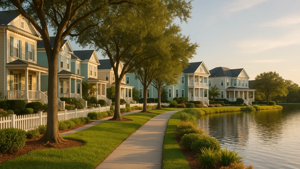 Stucco and wood-frame homes with front porches on a tree-lined street in Celebration, Florida