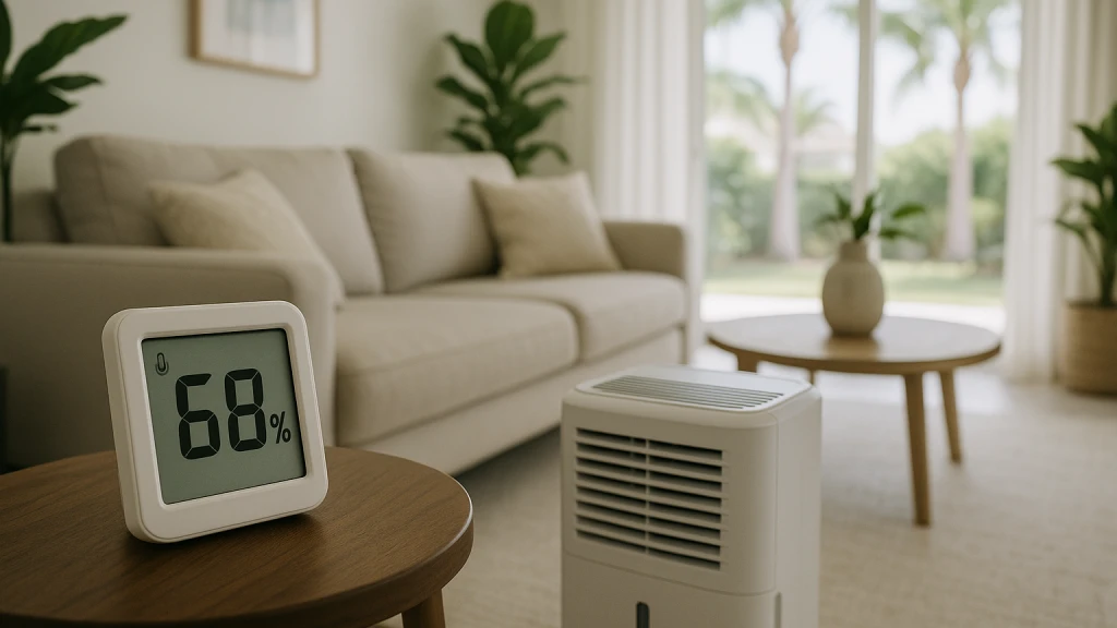 A digital hygrometer showing indoor humidity next to a smart thermostat in a Kissimmee home