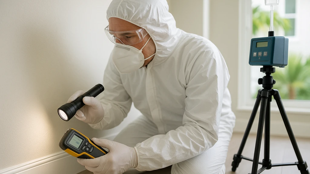 A Florida-licensed mold assessor reviewing moisture readings in a Kissimmee home with an inspection meter
