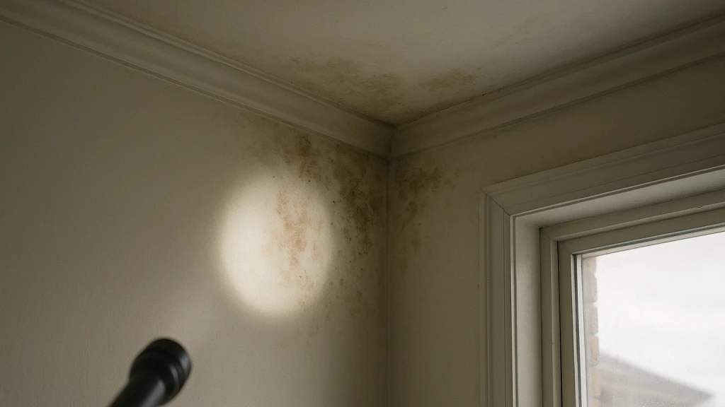 A person noticing a musty smell and a small stain near a baseboard in a Central Florida home