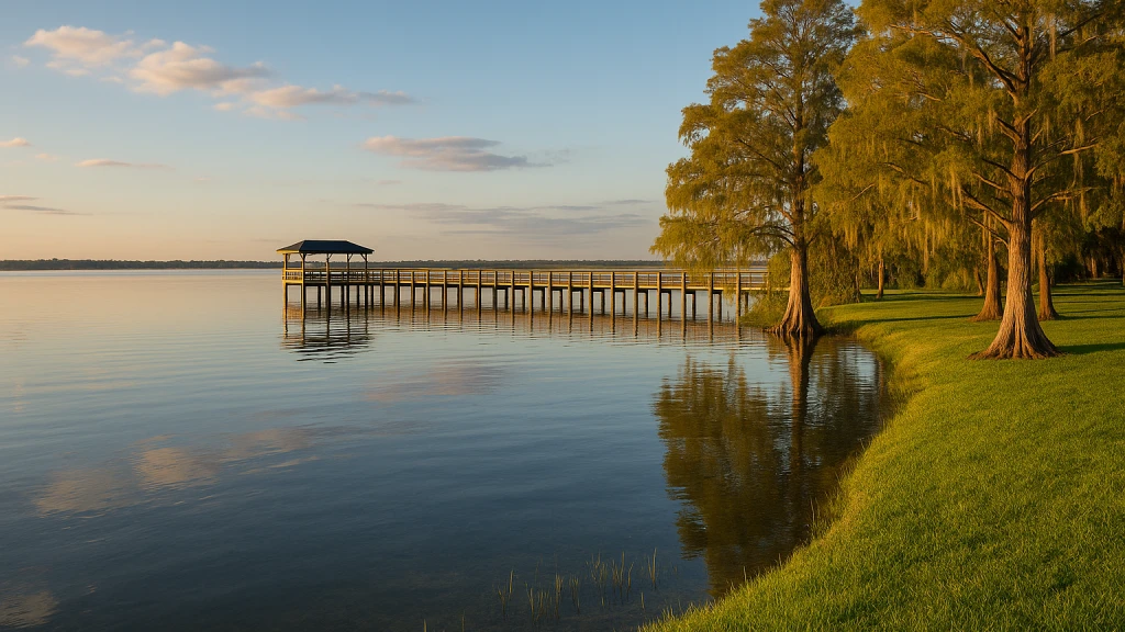 Lakefront homes and a historic small-town main street in St. Cloud, Florida near East Lake Toho