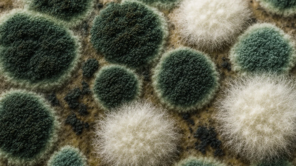 Close-up of different colored mold growth patterns on a damp interior surface in a Florida home