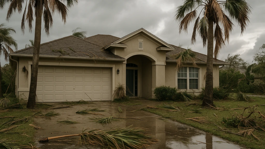 A Kissimmee homeowner photographing storm water damage for an insurance claim after a hurricane